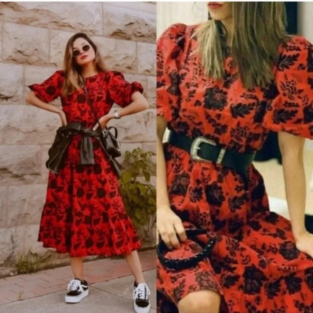 Zara Red Black Floral Sequin Casual Maxi Dress Blogger's Favourite XS